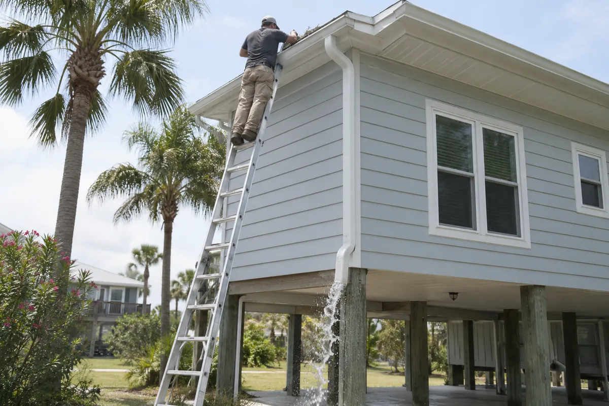 Gutter cleaning service in progress on a residential home