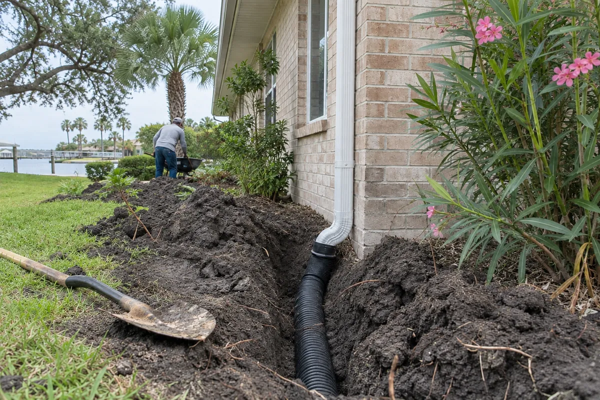 Downspout extension directing water away from foundation