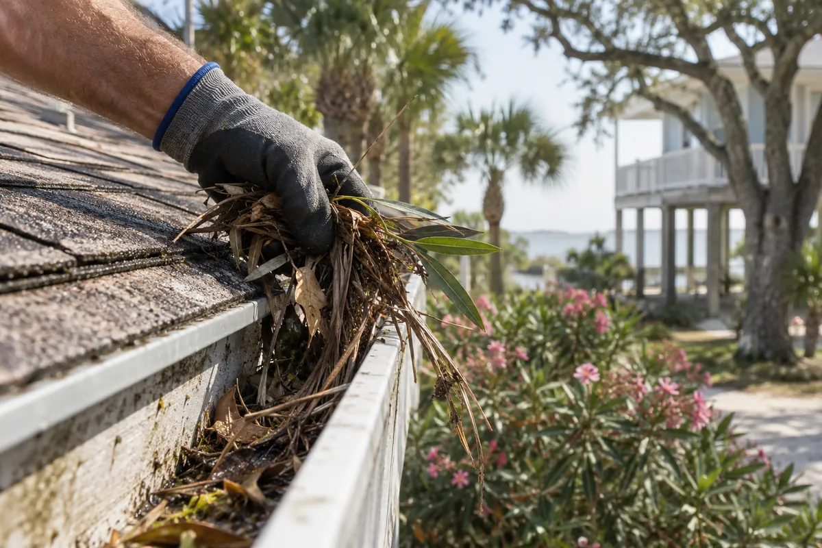 Close-up of gutter cleaning in progress