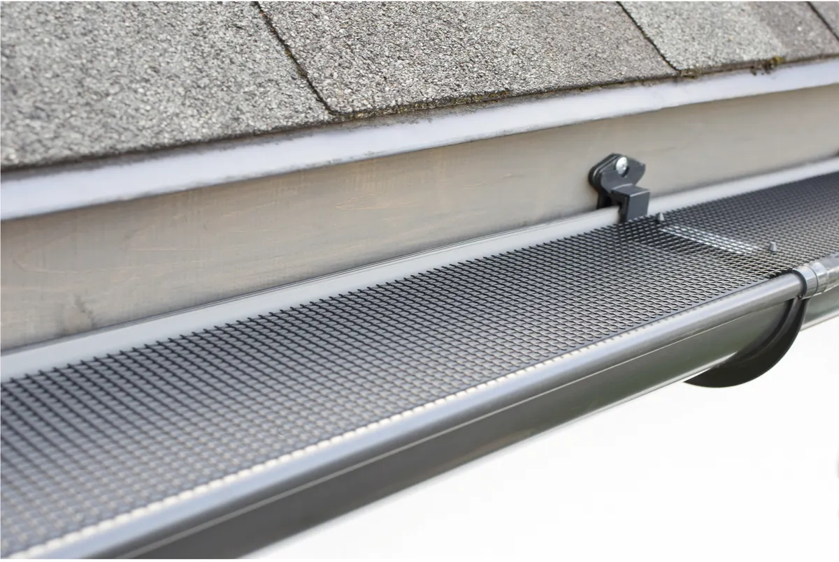 Gutter guard system installed on a Galveston home, preventing live oak catkins and debris from entering the gutter trough