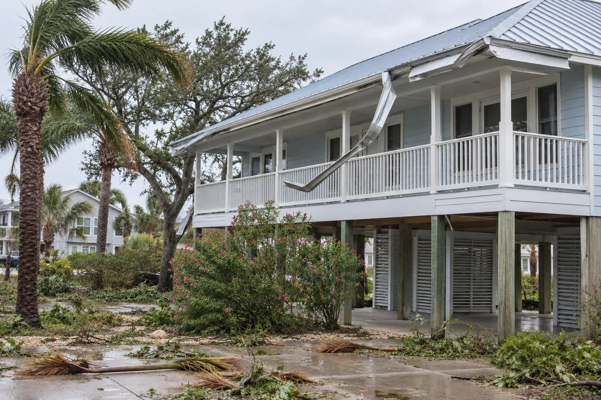 Hurricane storm damage to gutter system with wind-torn sections and debris impact on Galveston home
