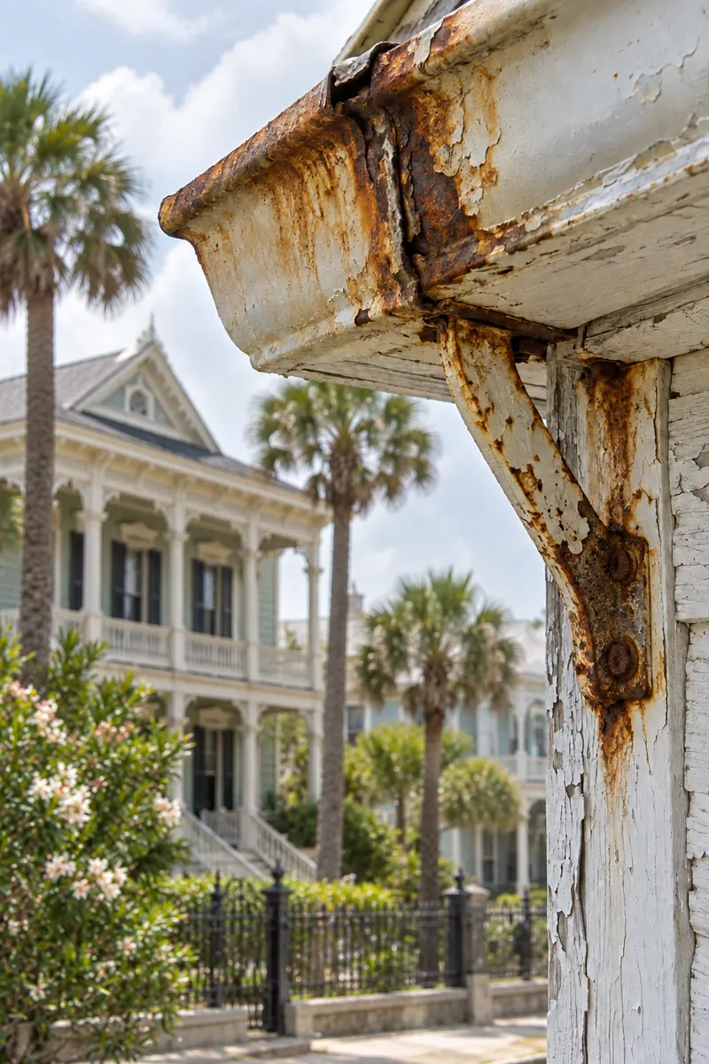 Corroded gutter section showing salt damage